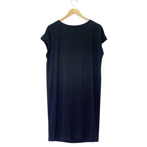 Eileen Fisher Drape Front Dress Black Short Sleeve Shift Size Medium Made in USA - Picture 6 of 11
